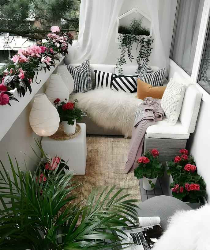 Small balcony seating with plants, cushions and pink flowers