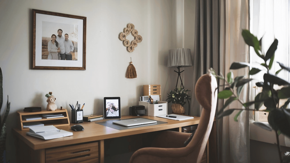 Cozy home office setup with wooden desk, family photo, and storage