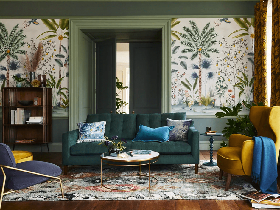 Tropical wallpaper living room with jewel-tone seating