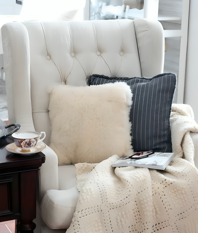 Tufted white armchair with shearling pillow and crochet throw
