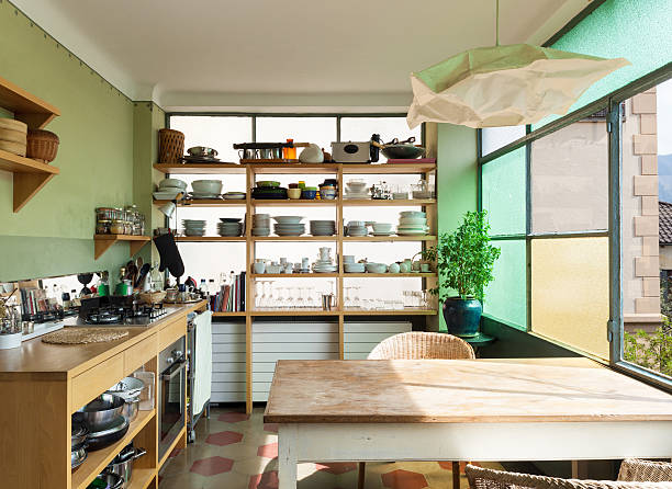 Open shelving with rustic wooden details