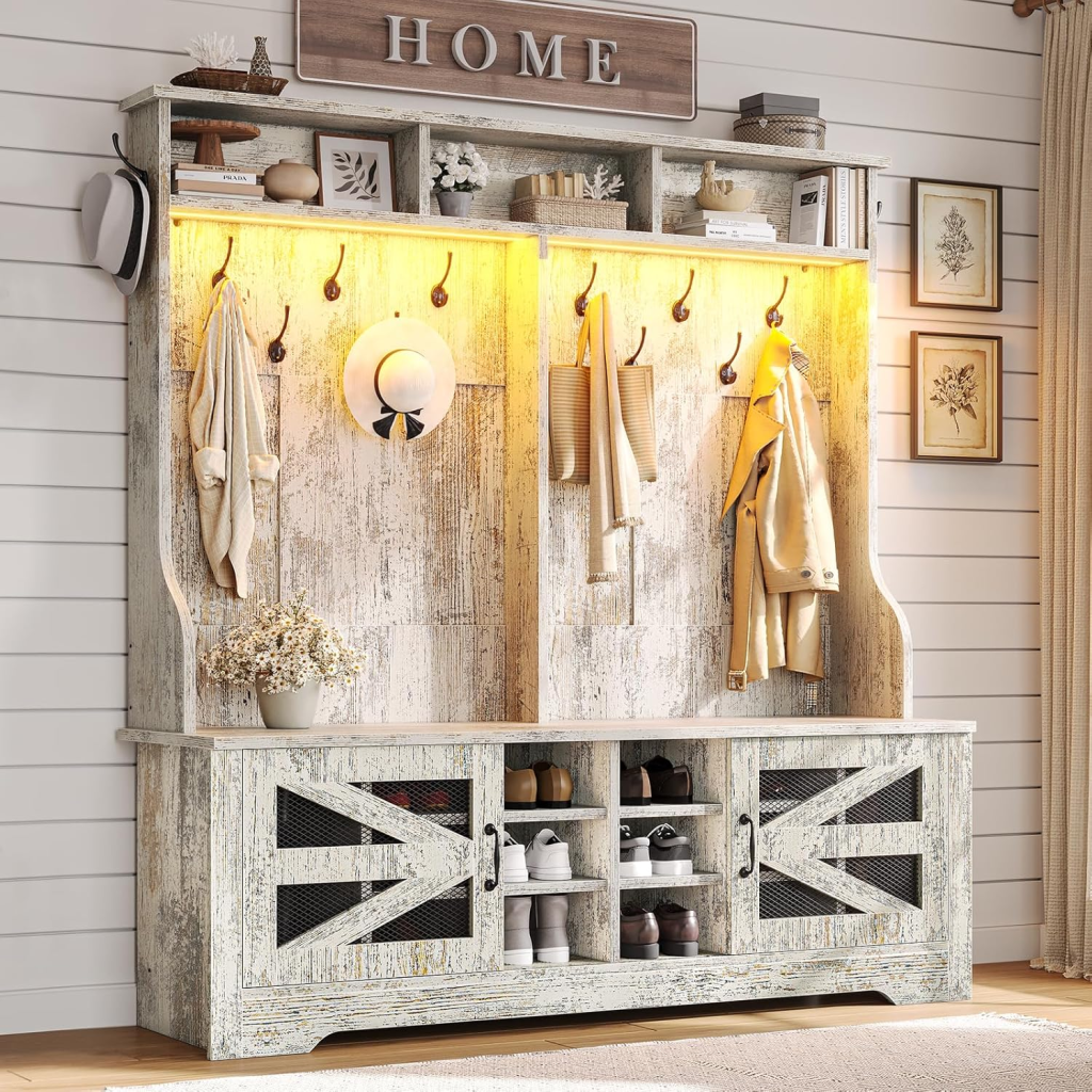 Rustic 5-in-1 Entryway Bench \w Coat Rack and Shoe Storage