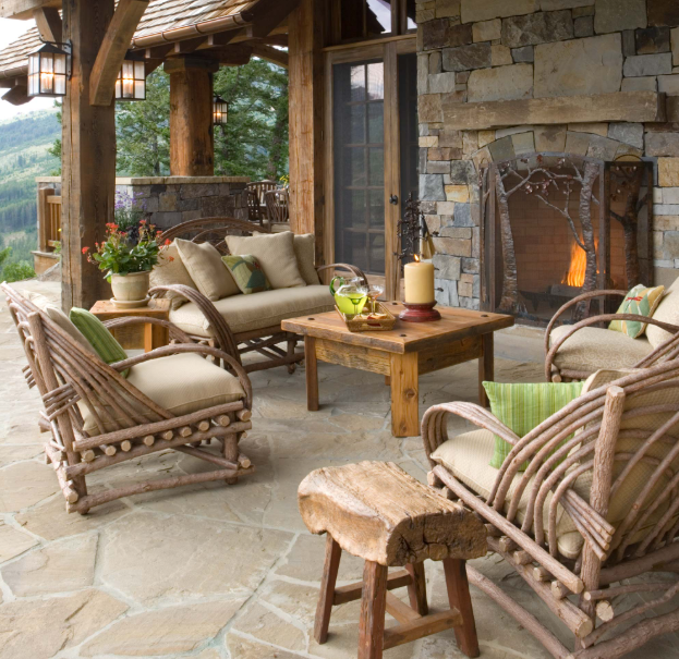 A rustic furnished patio.