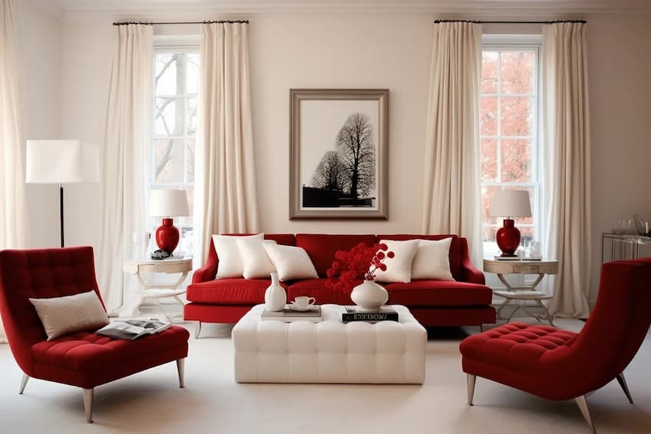 Modern red sofa and chairs with white accents, creating a bright, elegant space.