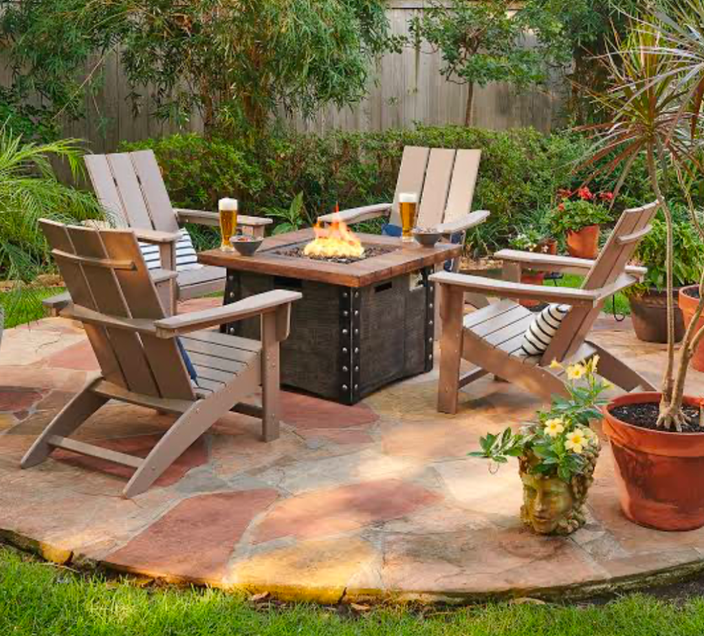 Adirondack chairs with a fire pit for warmth.