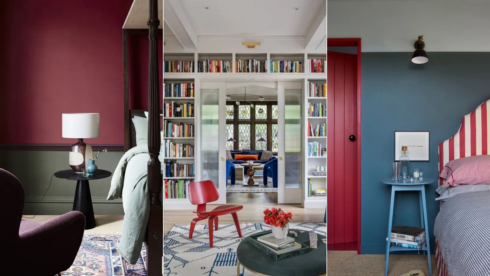 A three picture collage next to one another of red decor options.