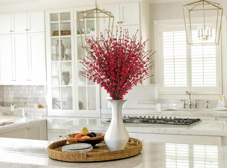Faux Jasmine Flowers on an island in a kitchen.
