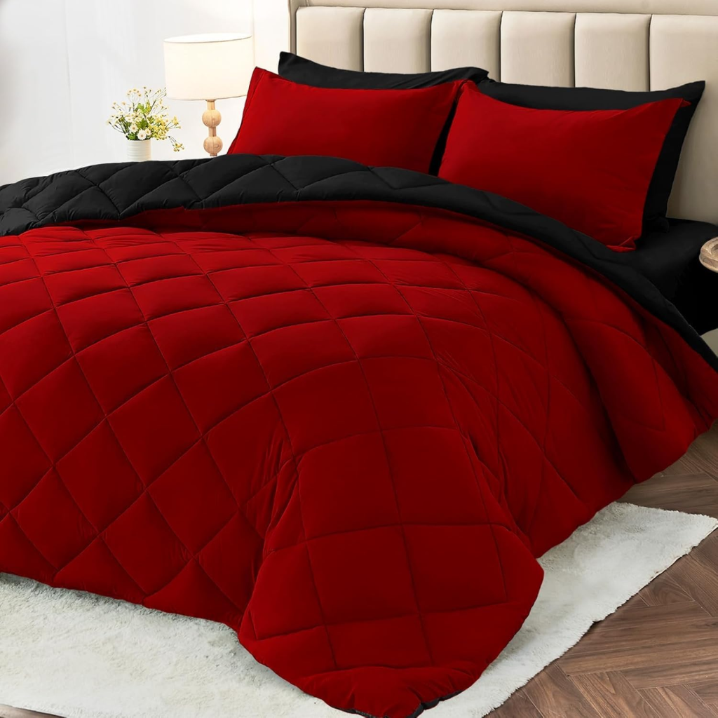 Red & Black 7 Piece Queen Comforter Set 