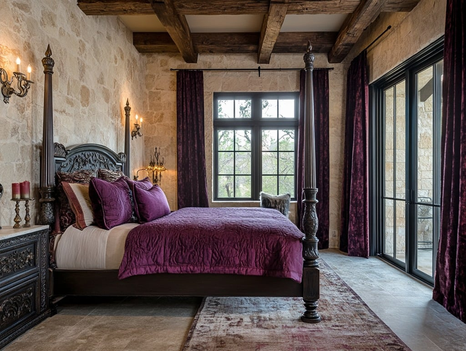 Rustic stone-walled bedroom with dark four-poster bed, plum bedding, exposed beams, and large window.