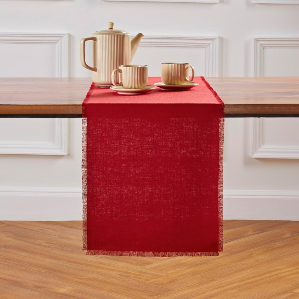 Linen Cherry Red Dining Table Runner