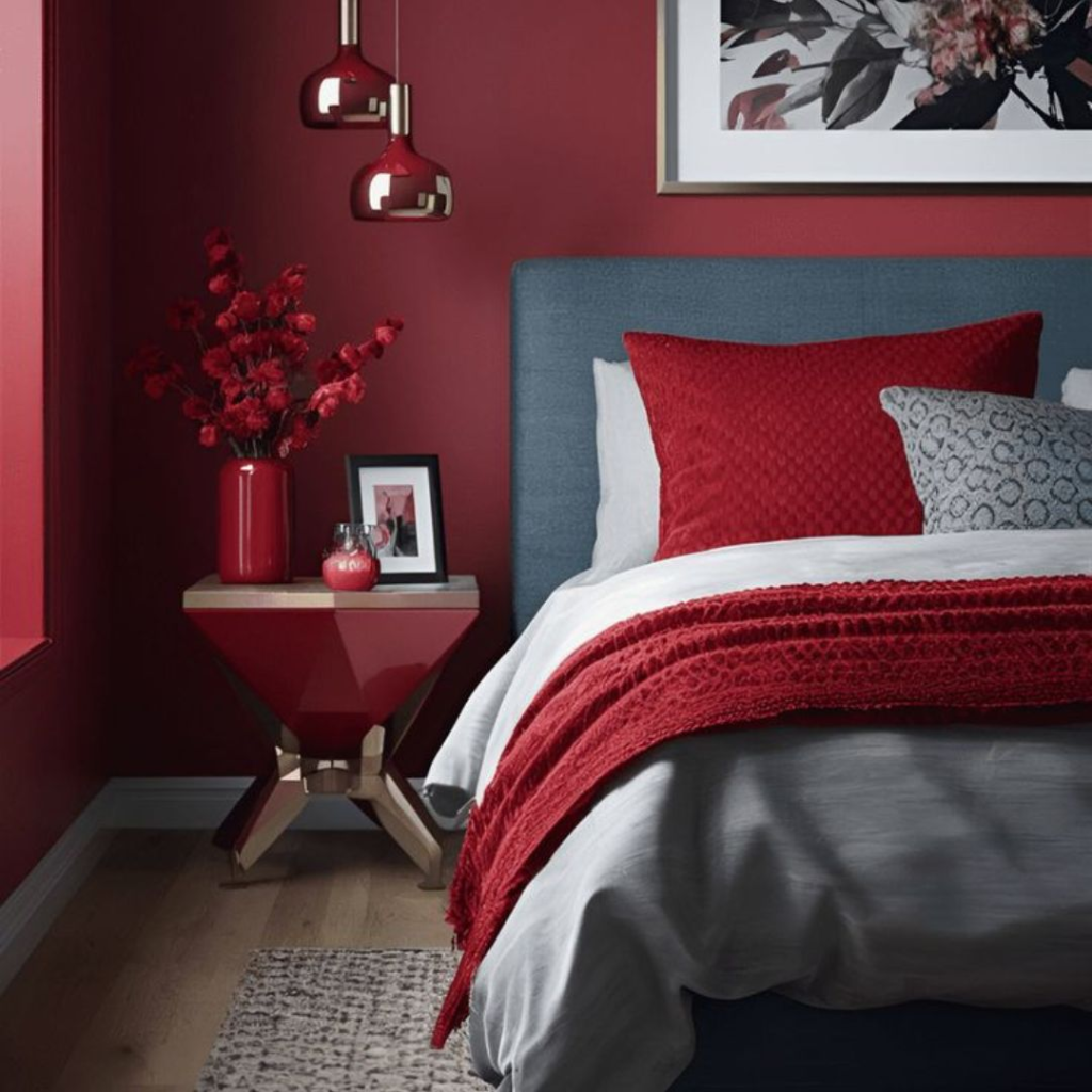 Cherry-red accents throughout a bed room.