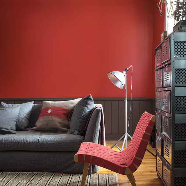 Stylish living room with cherry red accent.