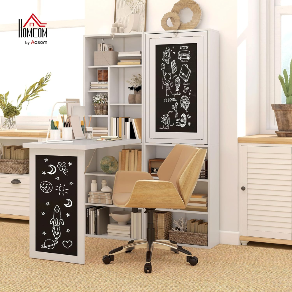 A bookshelf that doubles as a fold out desk.
