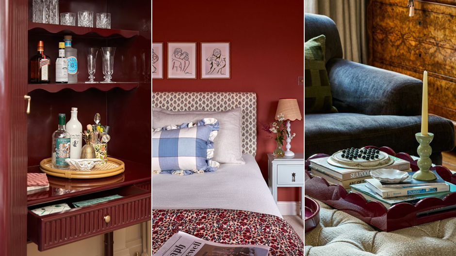 Home interior design with cherry red accents featuring a bar cabinet, cozy bedroom, and elegant coffee table styling