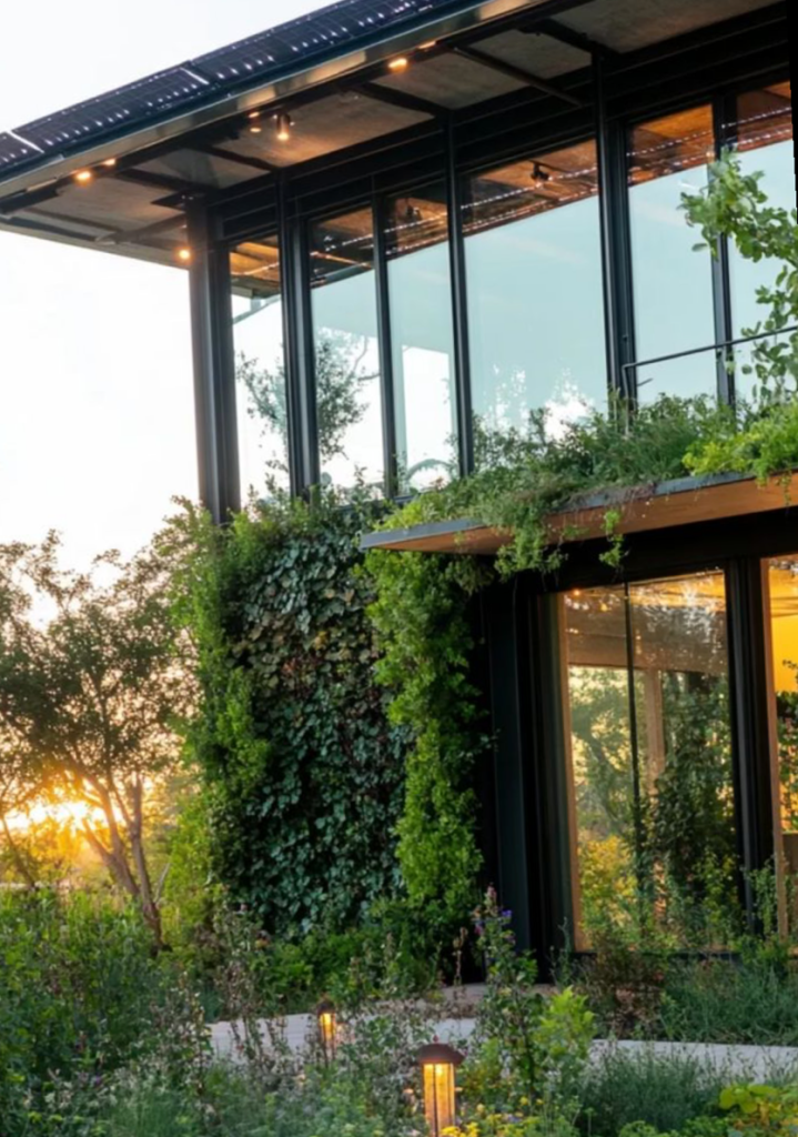 Contemporary home exterior with vertical green wall and roof planters.