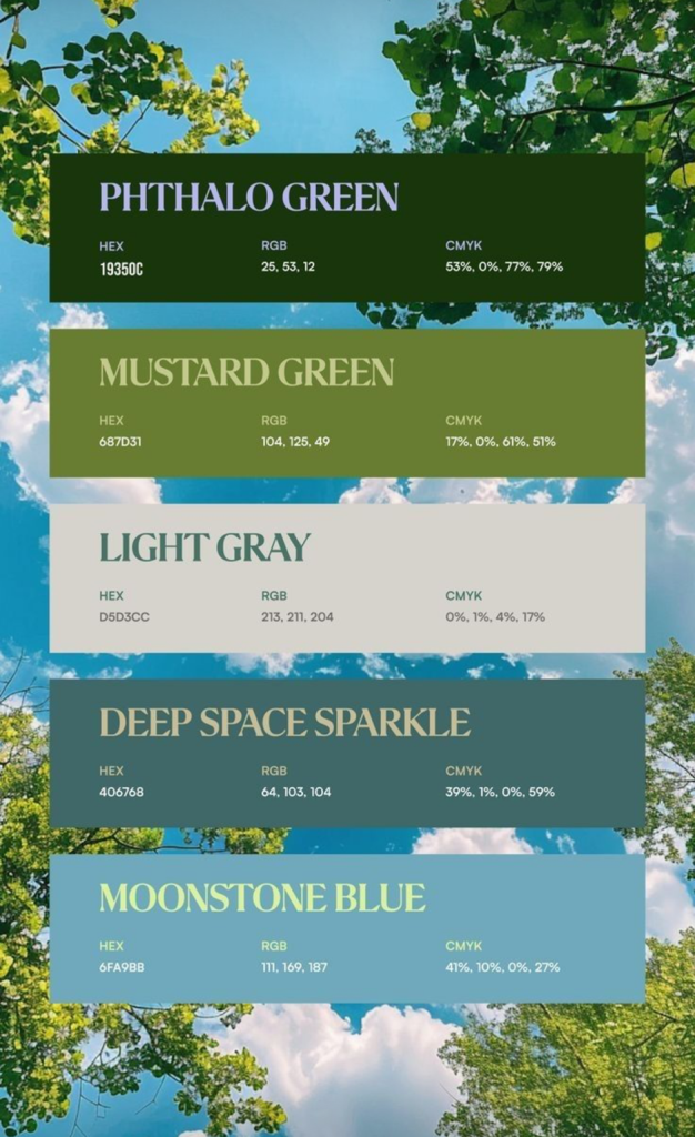 Nature-inspired green color palette graphic with HEX, RGB and CMYK codes.