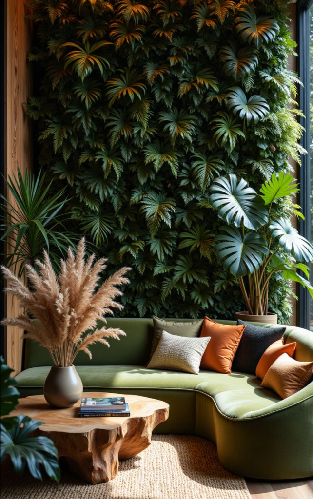 Biophilic living room with indoor living wall and green curved sofa.