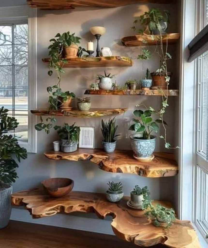Live-edge wooden wall shelves displaying potted houseplants by a window.