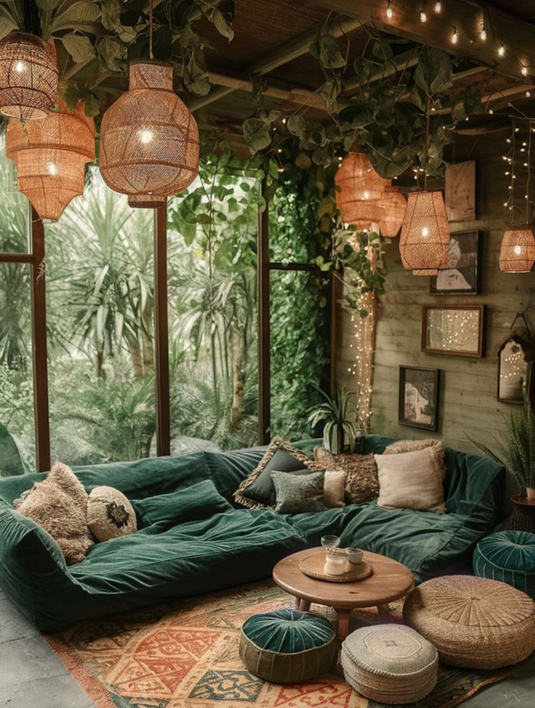 Cozy boho jungle lounge with rattan pendant lights and trailing vines.