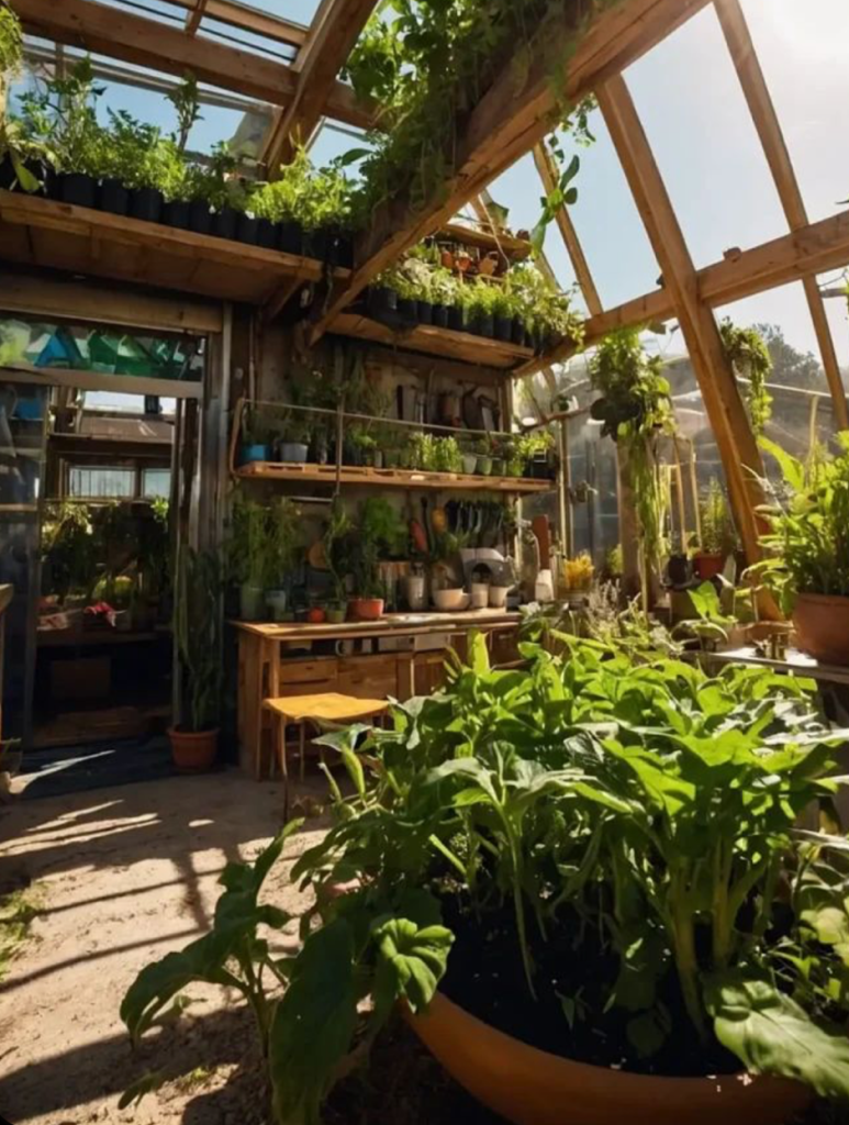 Sunlit greenhouse interior with raised planters, potting bench and herbs.