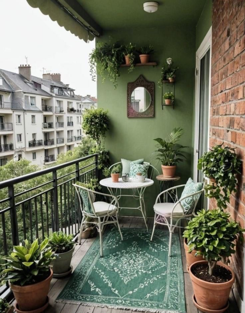 Small balcony garden with green walls, bistro set and potted plants.