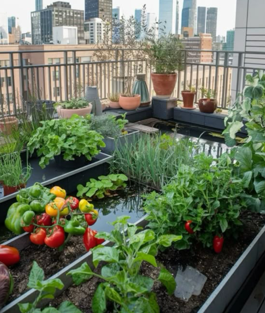 Urban rooftop vegetable garden beds with peppers, herbs and city skyline.