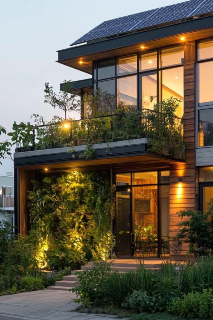 Eco-friendly house with solar panels and illuminated living wall garden.