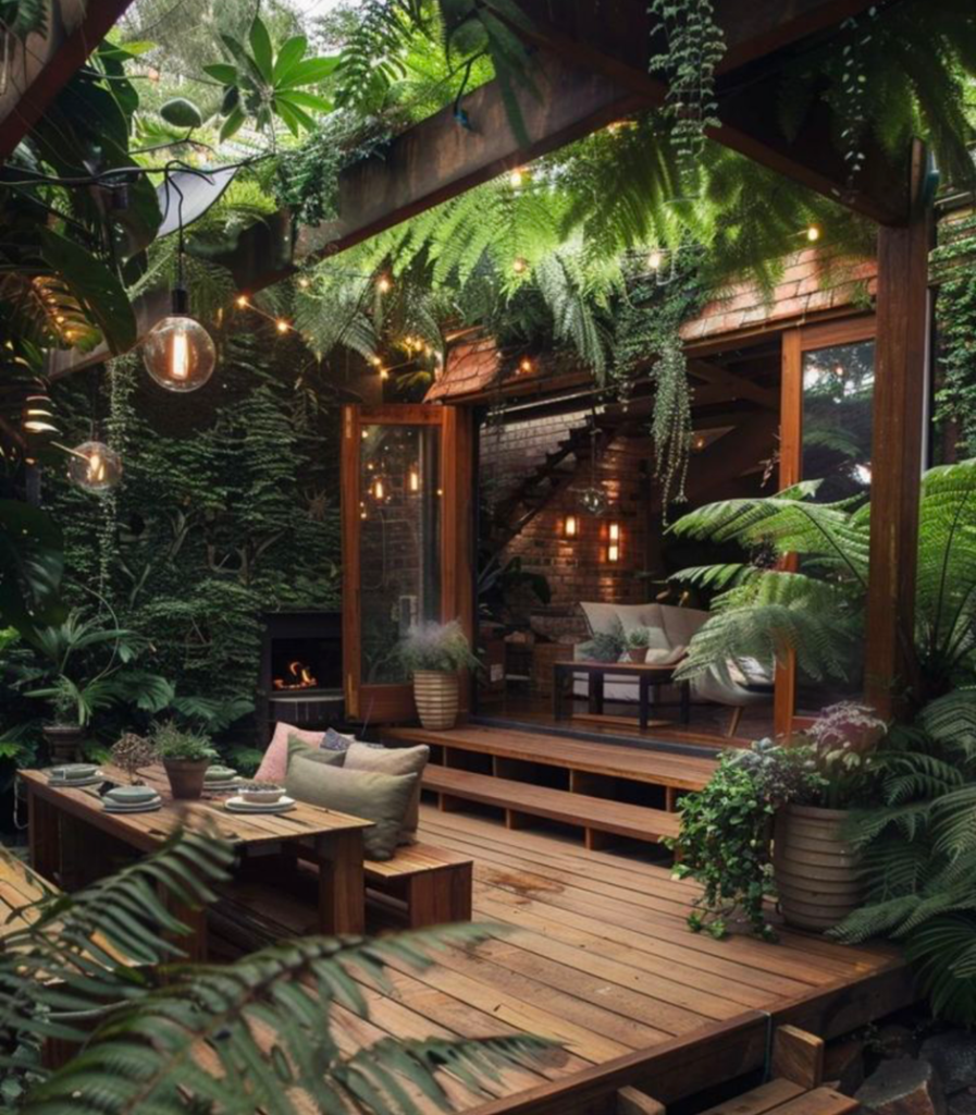 Tropical pergola patio with string lights, ferns and wooden deck dining.