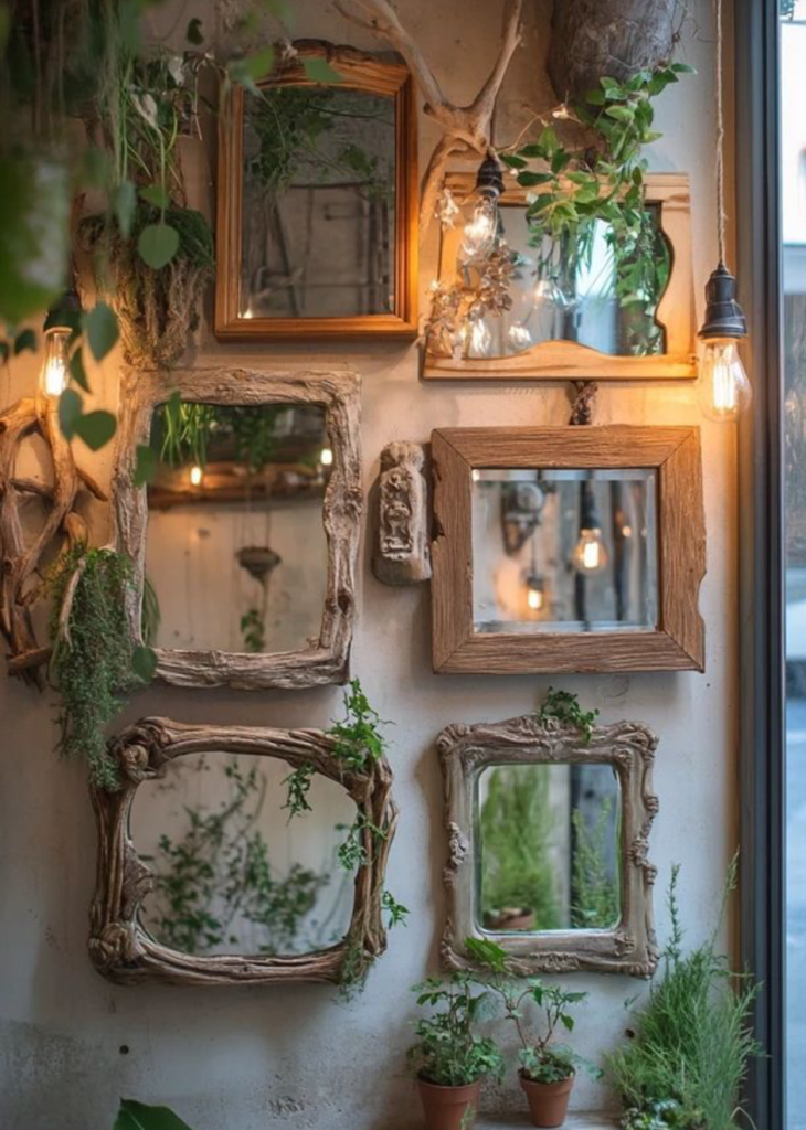 Driftwood-framed mirror gallery wall with hanging indoor plants and bulbs.