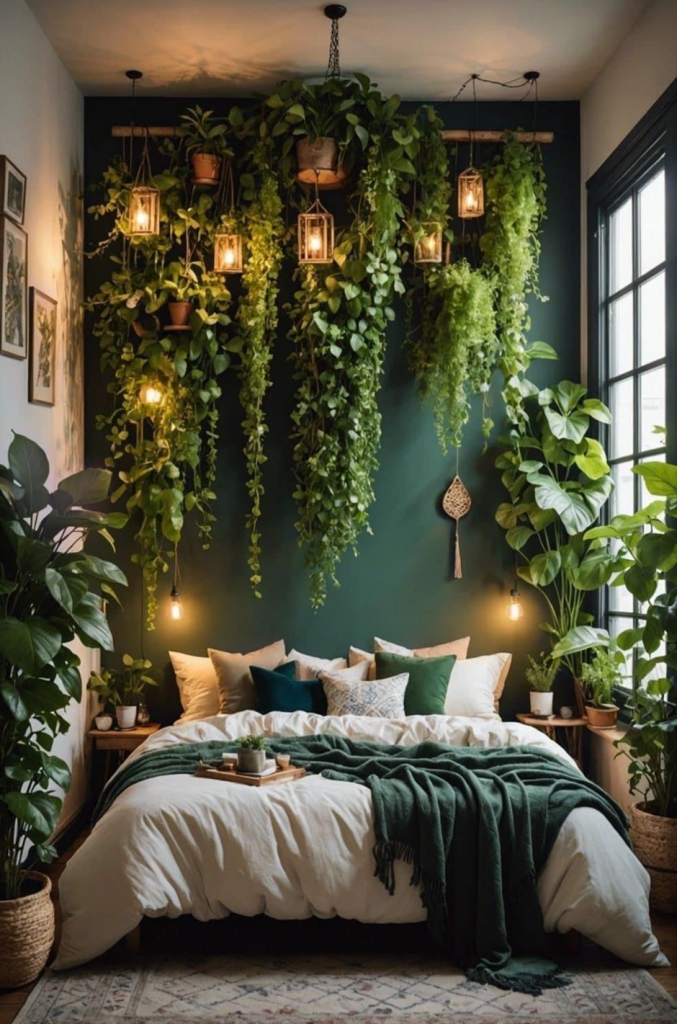 Biophilic bedroom with hanging plants and warm pendant lights above bed.