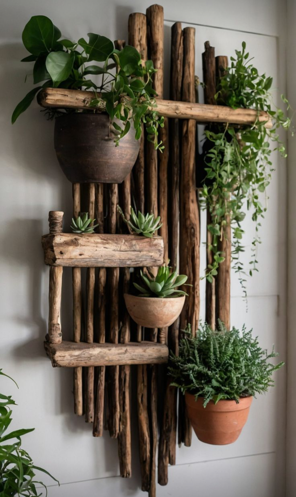 Rustic wall-mounted wooden plant shelf with potted succulents and vines.