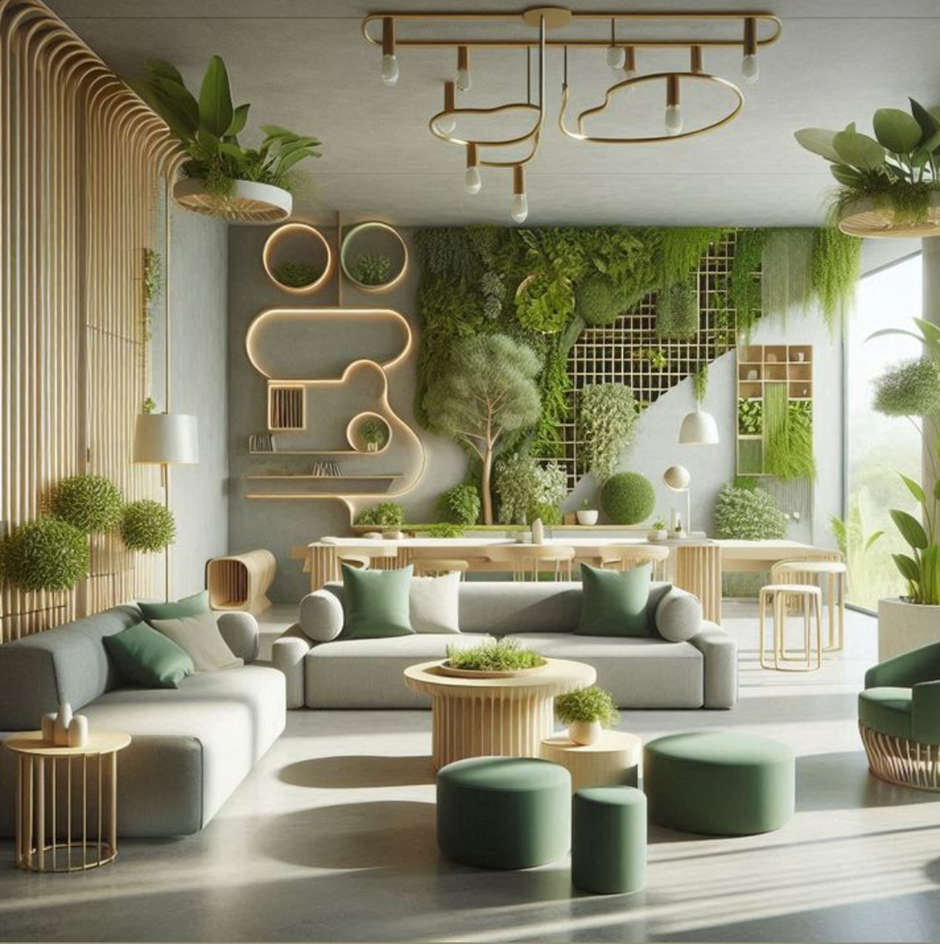 Biophilic living room with indoor living wall and natural wood furniture.