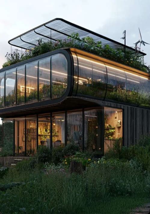 Modern sustainable house with curved glass façade and rooftop garden.