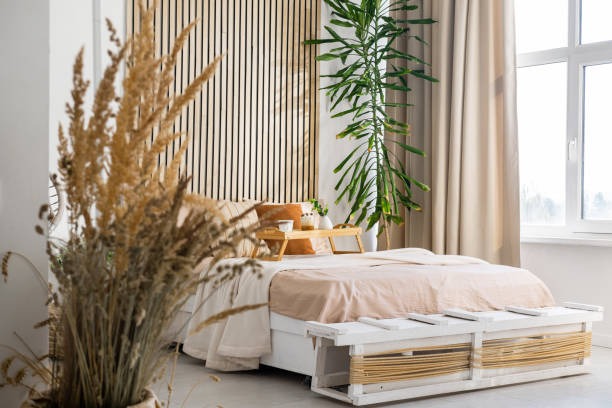 Cozy bedroom with a pastel color palette and texture