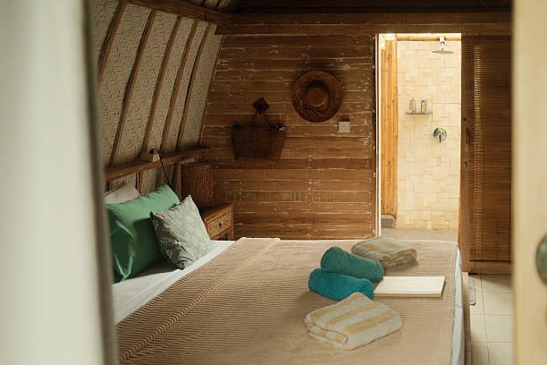 Cozy wooden cabin bedroom with rustic walls, soft bedding, and an attached walk-in shower