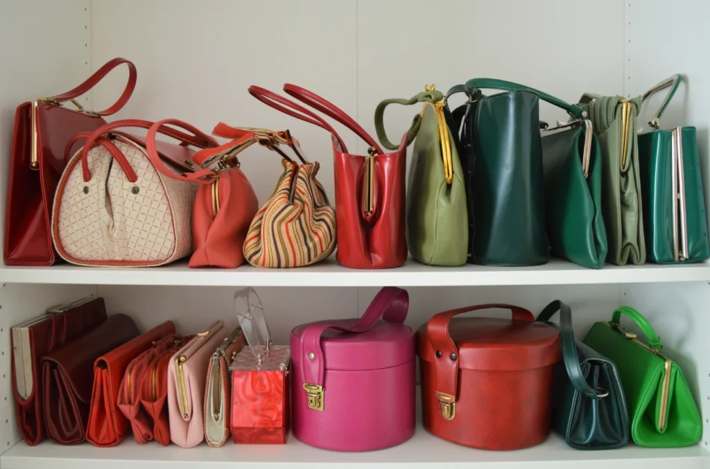 Colorful handbag collection neatly arranged on open closet shelves