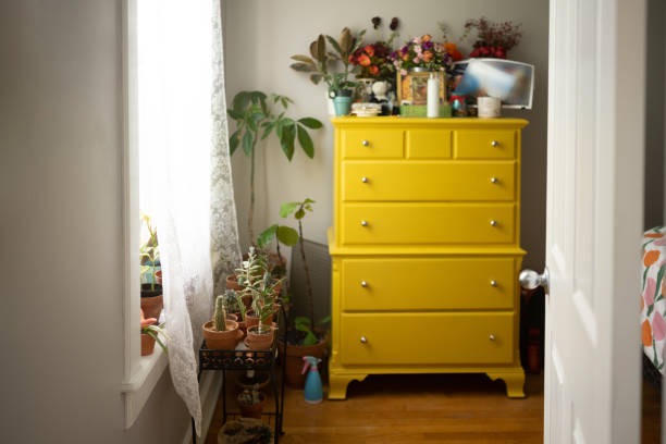 bright yellow painted dresser makeover styled with plants and home decor