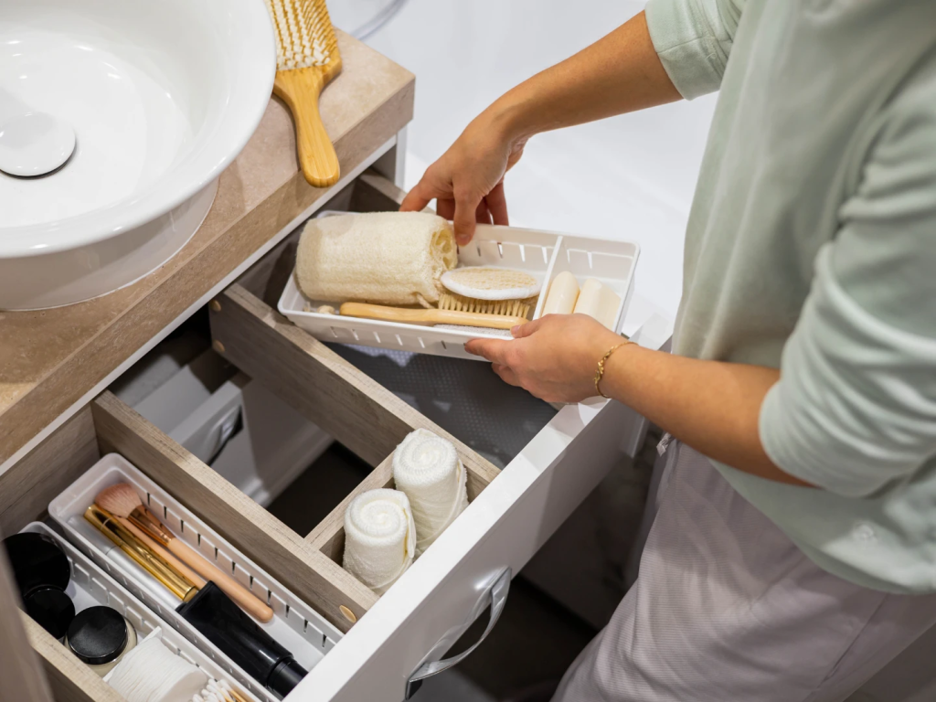 bathroom drawer organizer with towels brushes and skincare storage