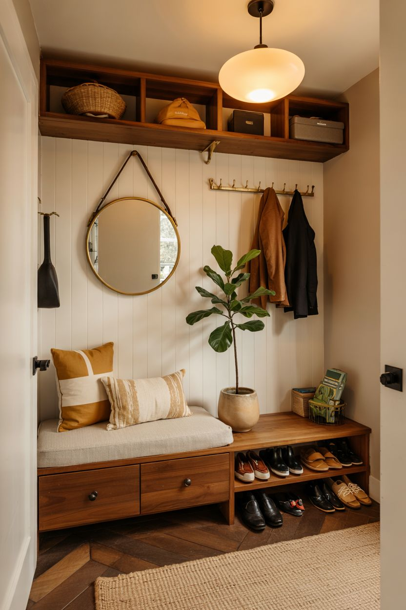 Small entryway bench with storage drawers, wall hooks, round mirror, and shoe rack for organized hallway decor