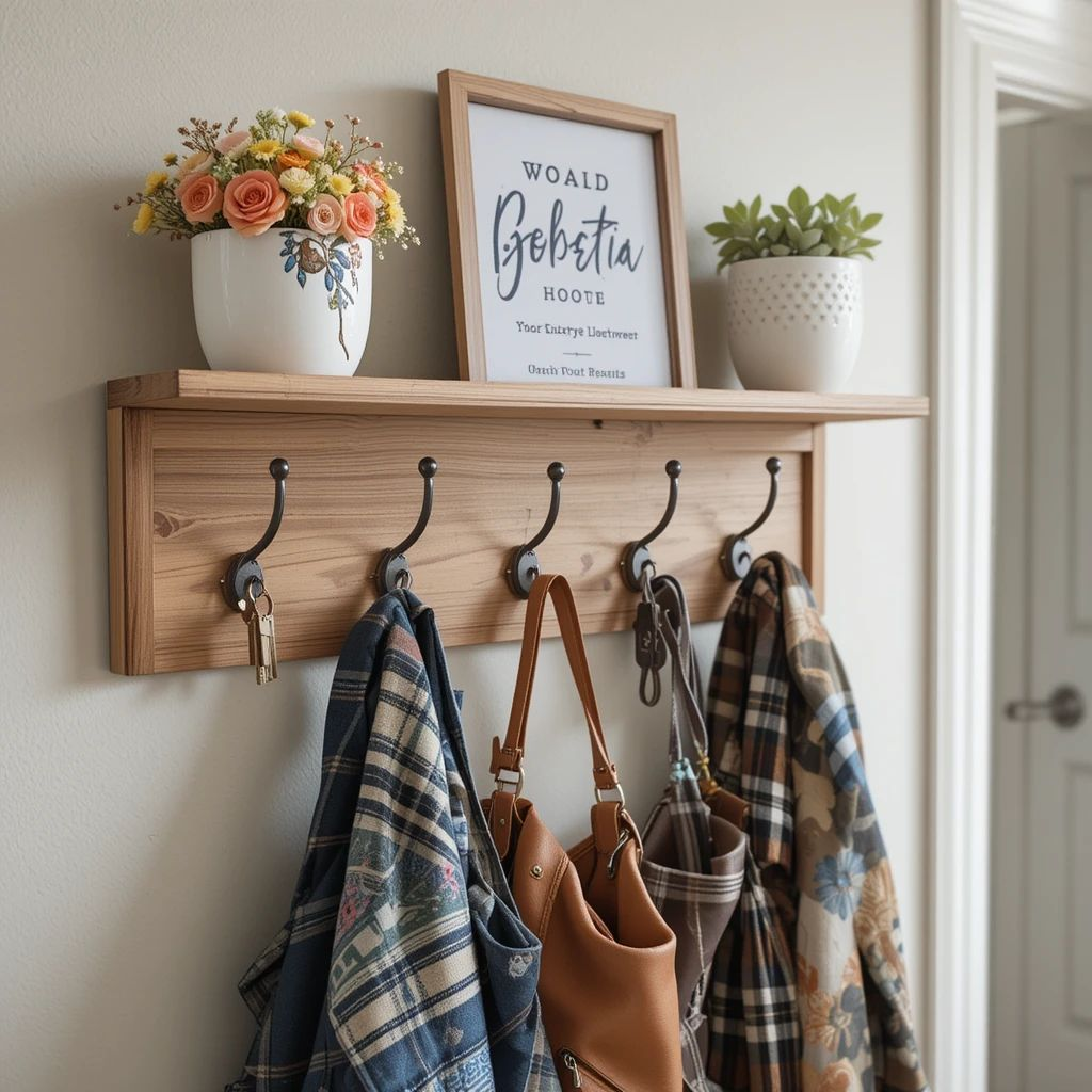 Wooden wall-mounted coat rack with hooks, shelf decor, handbags, and jackets for entryway organization ideas