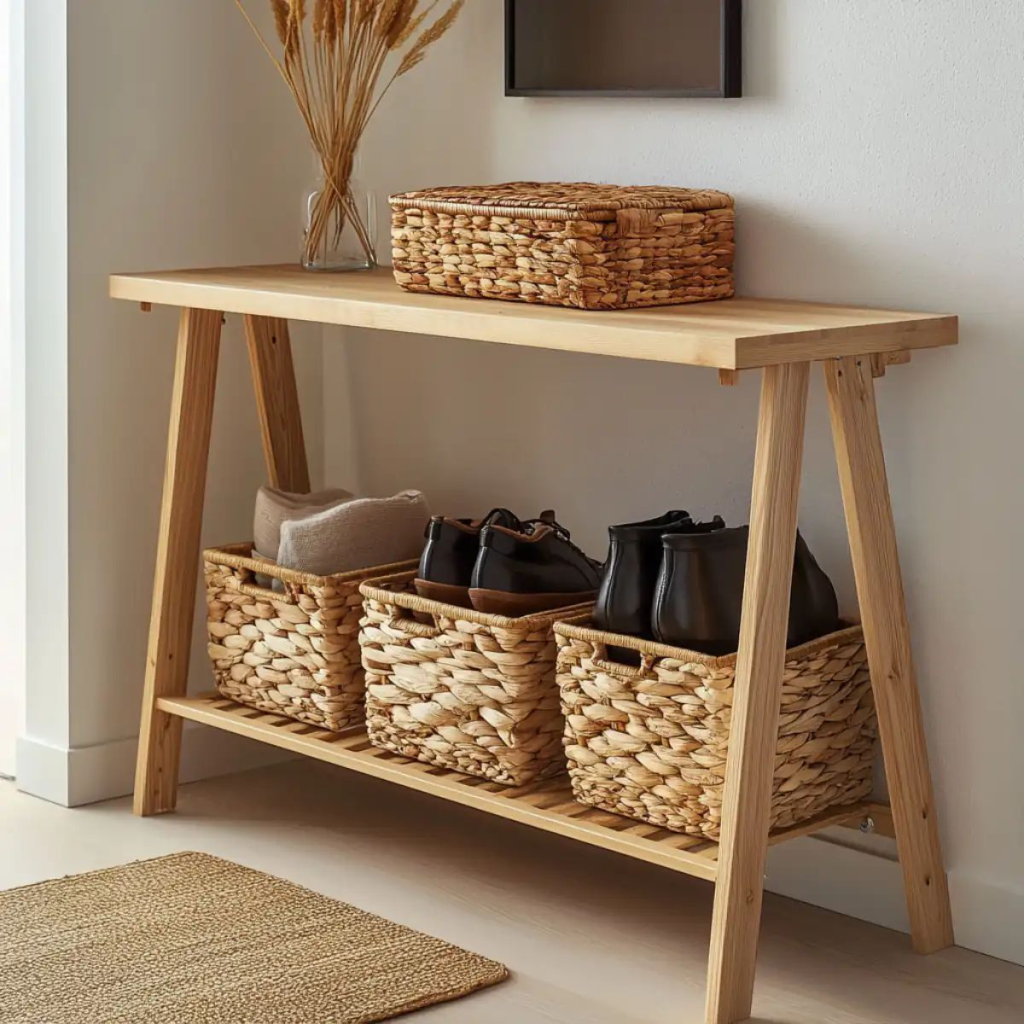 Minimal wooden entryway console table with woven baskets and shoe storage for small space organization
