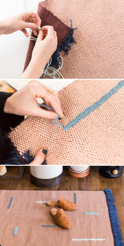 diy punch needle rug making process with yarn stitching on fabric backing for textured design
