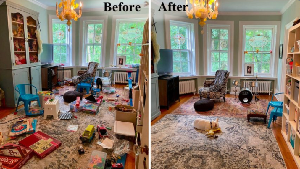 before and after decluttering a kids playroom with toys organized and floor cleaned