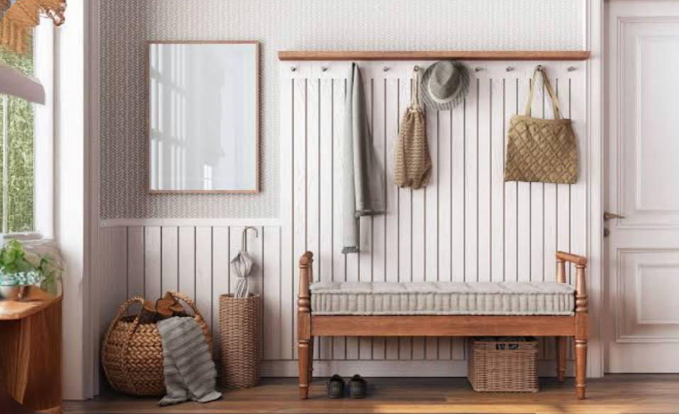 tidy entryway with bench hooks baskets and simple storage for everyday organization