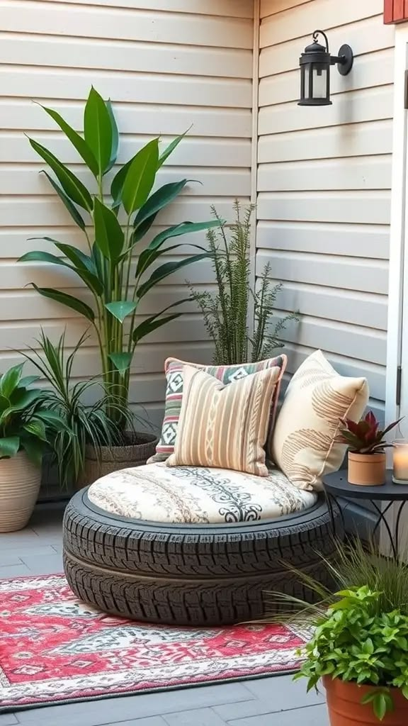 creative DIY tire chair outdoor seating idea with cushions and plants